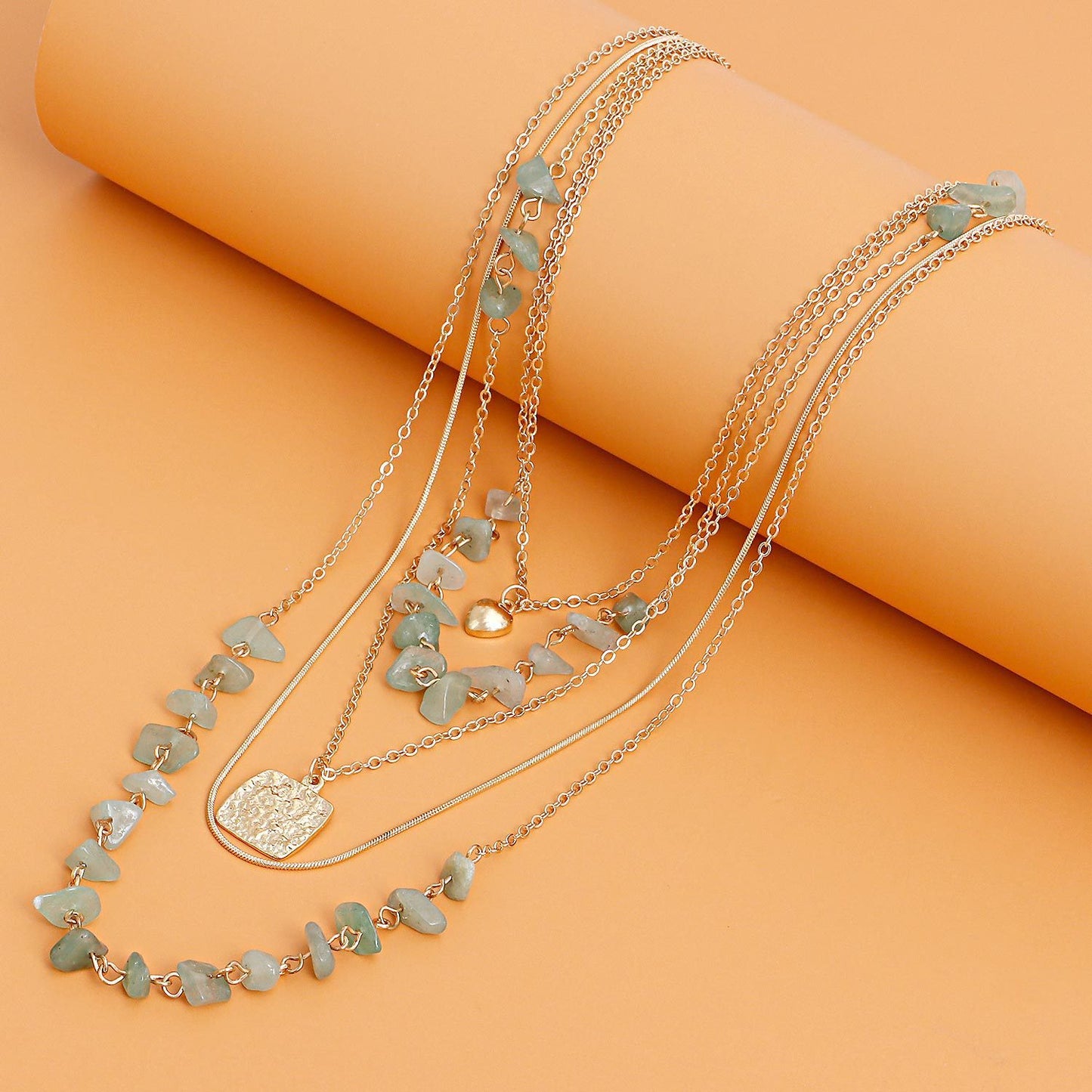 Jewelry retro stacked multi-layer small hole chain turquoise square piece mini love pendant necklace female