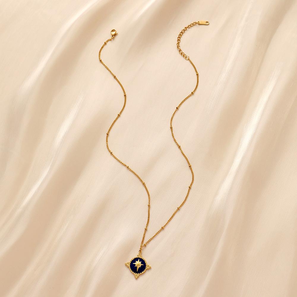 French temperament ladies stainless steel gold retro coin shield drop oil star short necklace