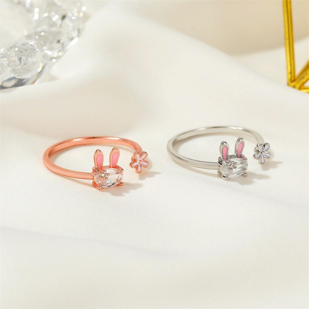 Cute little rabbit ring sweet girl heart flower index finger ring women's ins net red open ring