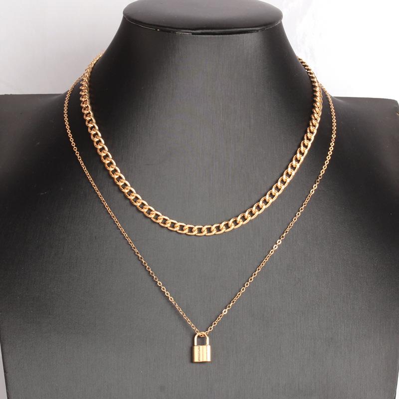 Necklace female clavicle chain niche trendy ins simple cold hip-hop padlock double-layer set chain bouncy di net red accessories