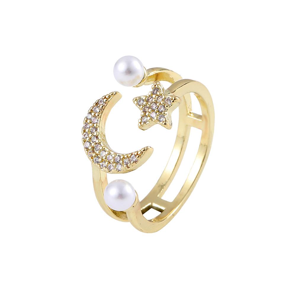 ins moon star pearl opening copper micro-inlaid zircon ring advanced light luxury design ladies ring