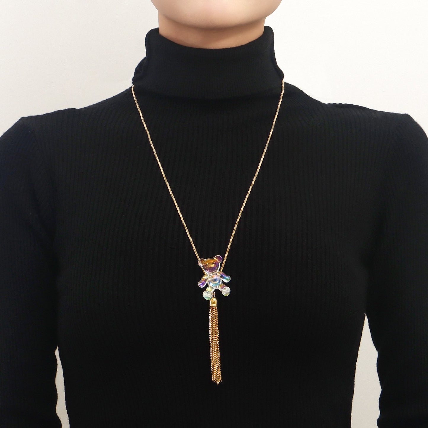 Jewelry white transparent colorful bear pendant tassel sweater chain necklace female ins trend accessories