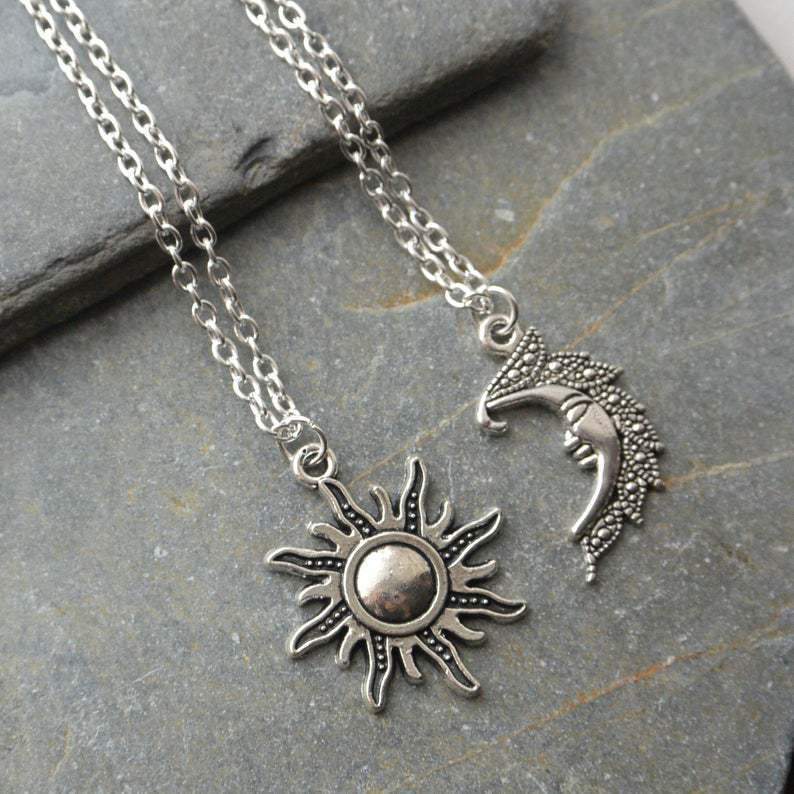 Jewelry Retro Pendant Necklace Female Ancient Silver Hollow Sun Moon Couple Accessories Good Friend Jewelry