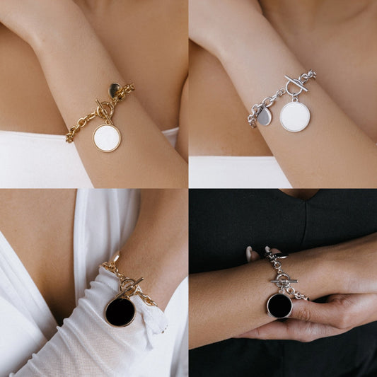 Jewelry geometric thick chain OT buckle round black and white mother-of-pearl bracelet female ins simple personality jewelry