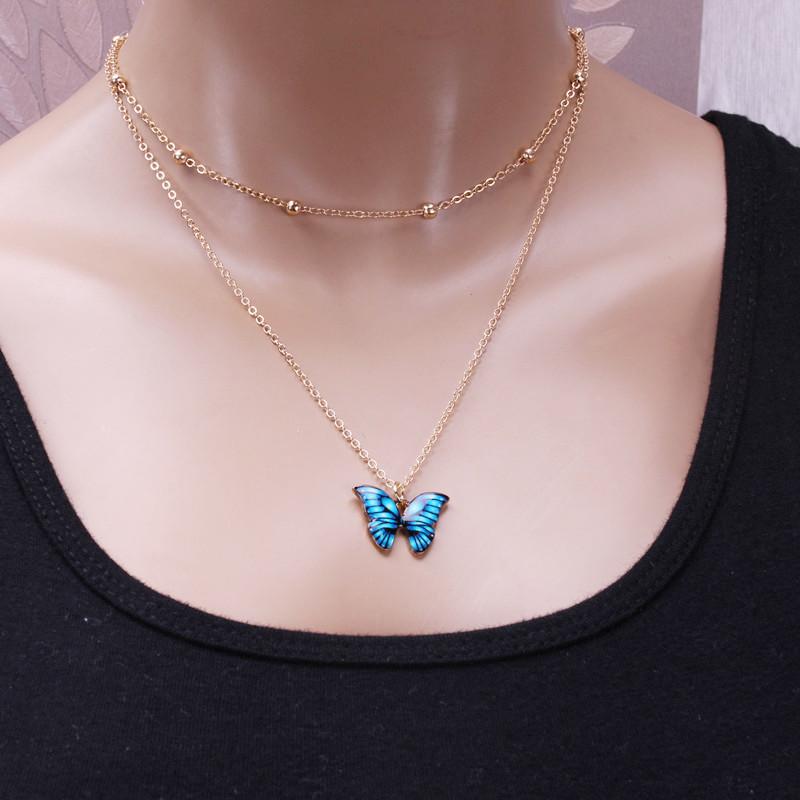 Set Butterfly Jewelry Colorful Double Layer Butterfly Pendant Necklace Feminine Elegant Butterfly Earrings