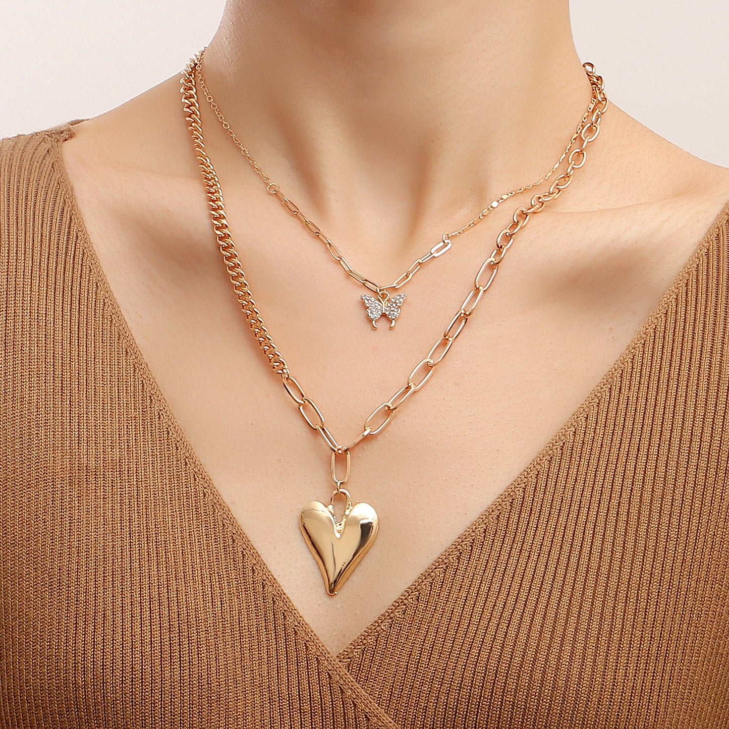 Jewelry geometric exaggerated big peach heart micro diamond butterfly pendant necklace female double stacked necklace