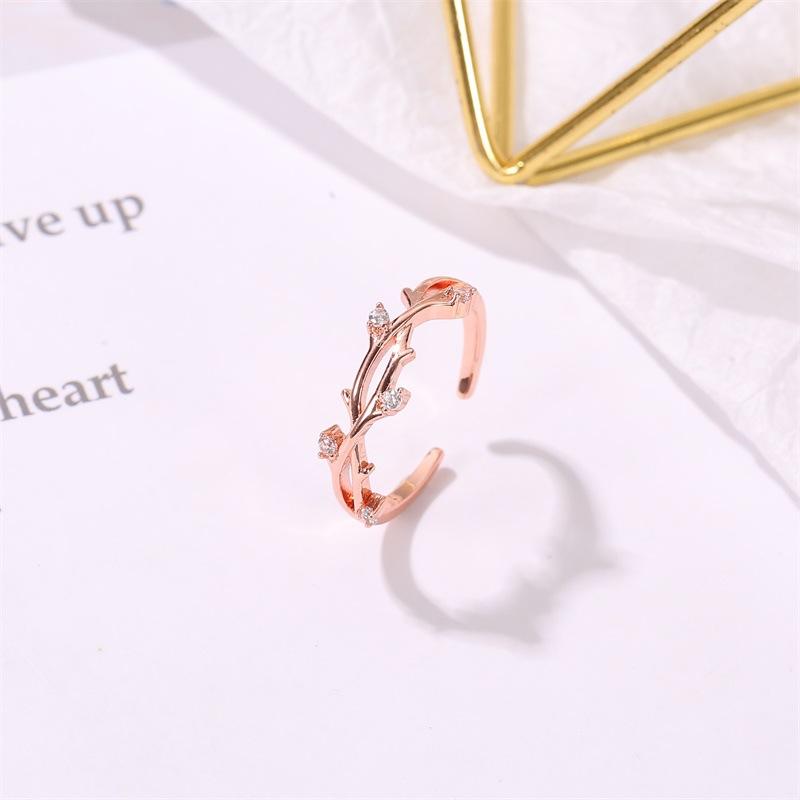 Small fresh ring literary fan with diamond branch opening single ring creative cross rattan adjustable ring