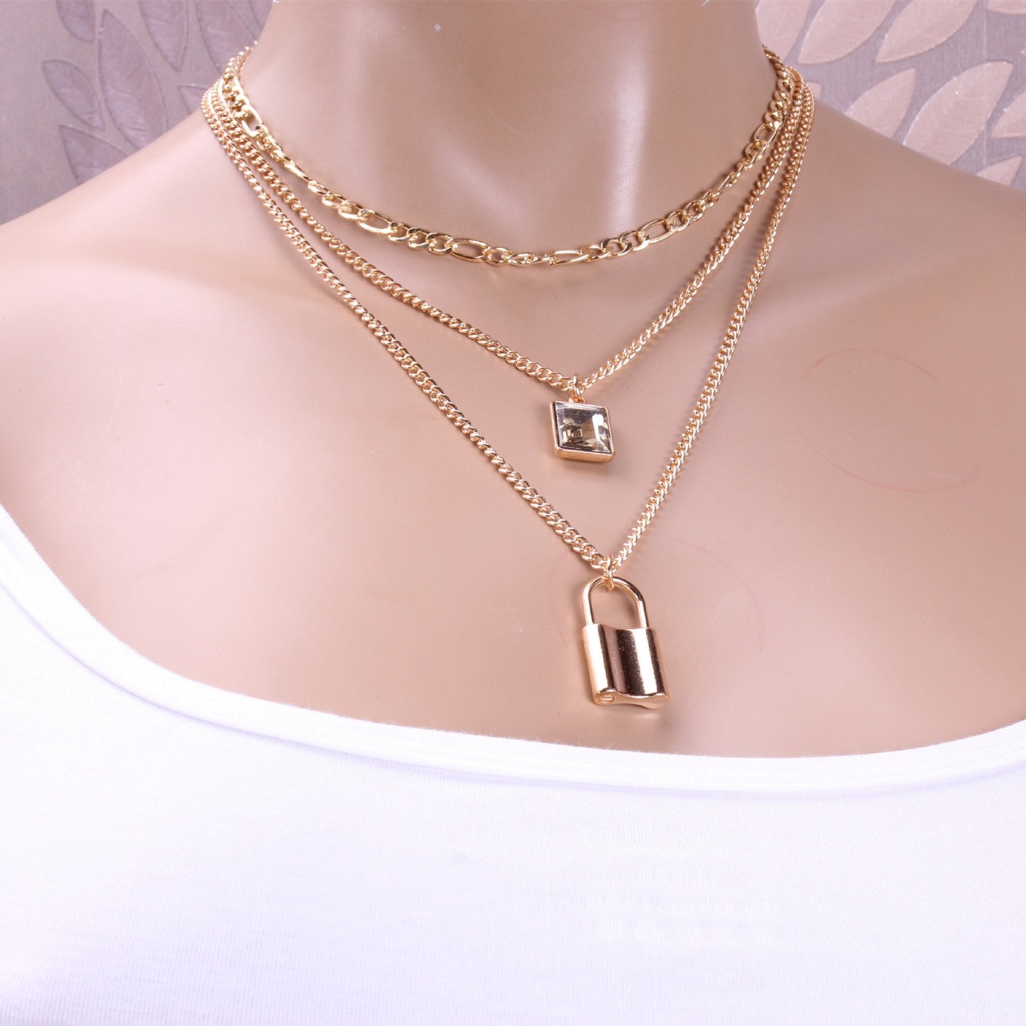 Mix and match geometric multi-layer jewelry square brand black diamond pendant snake bone chain temperament lock necklace