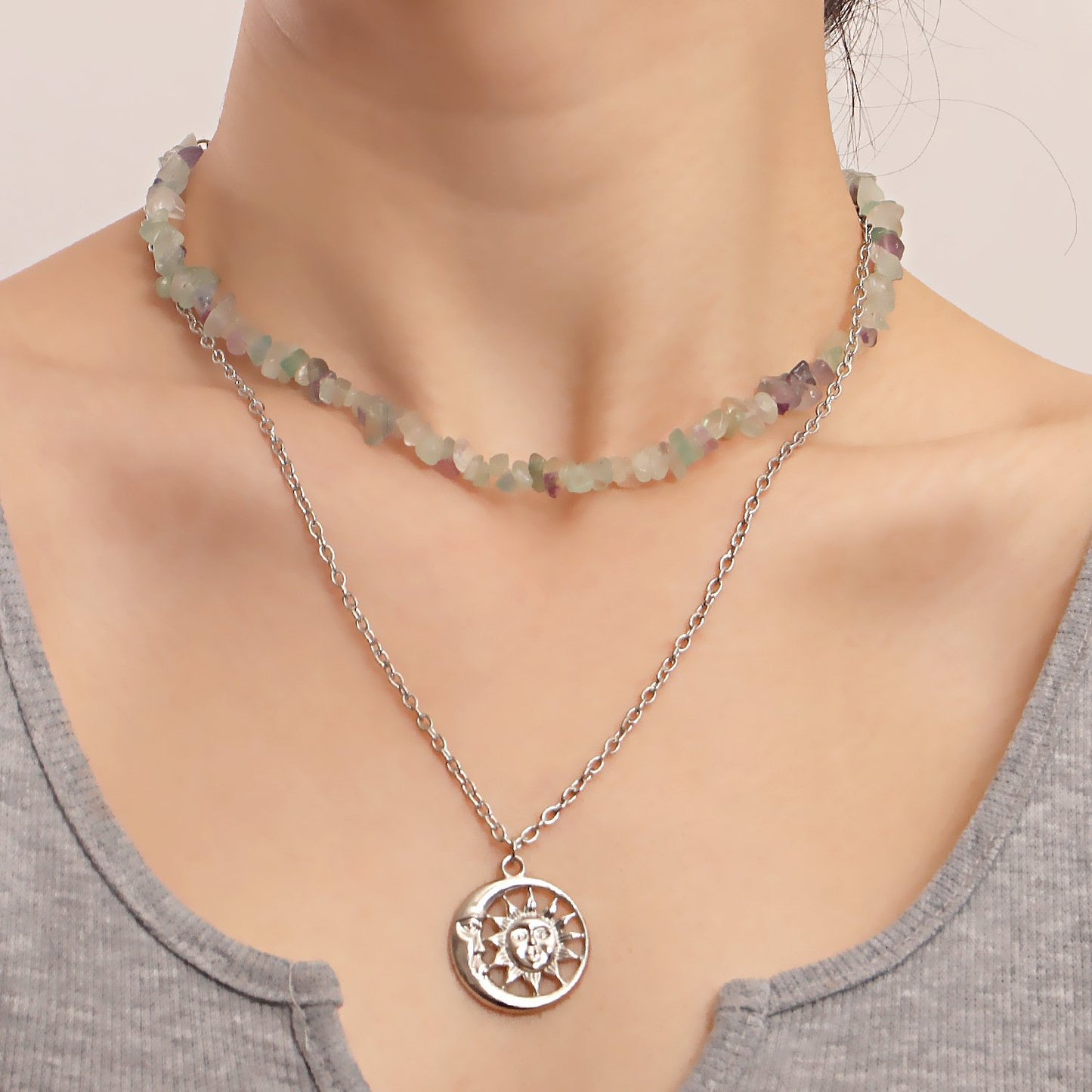 Jewelry double-layer simple natural green Dongling gravel pendant necklace female niche design necklace hot girl