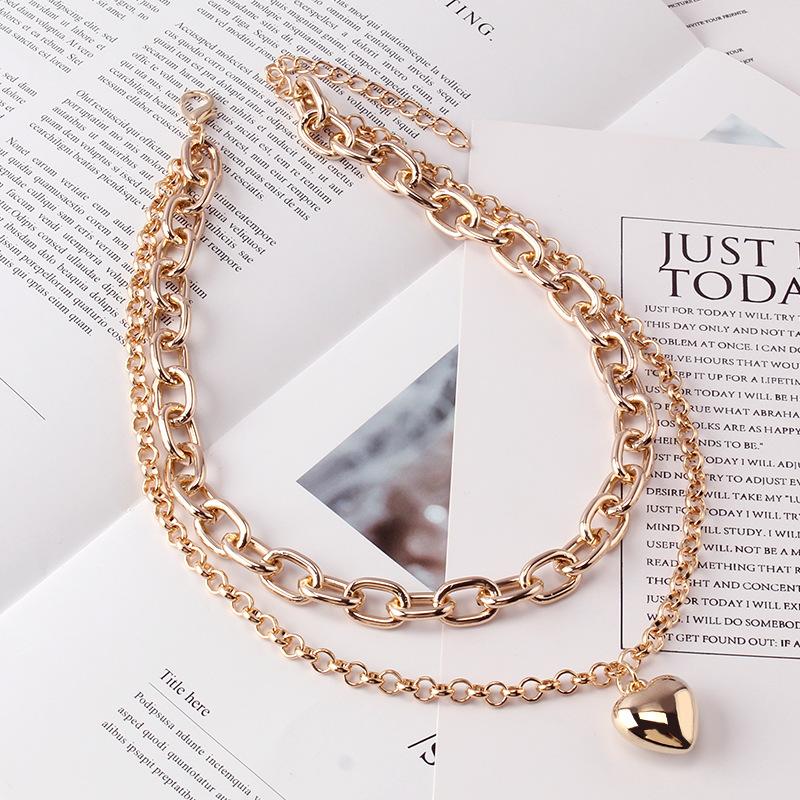 Fashion Metal Love Double Layer Necklace Versatile Simple Ladies Peach Heart Clavicle Sexy Necklace
