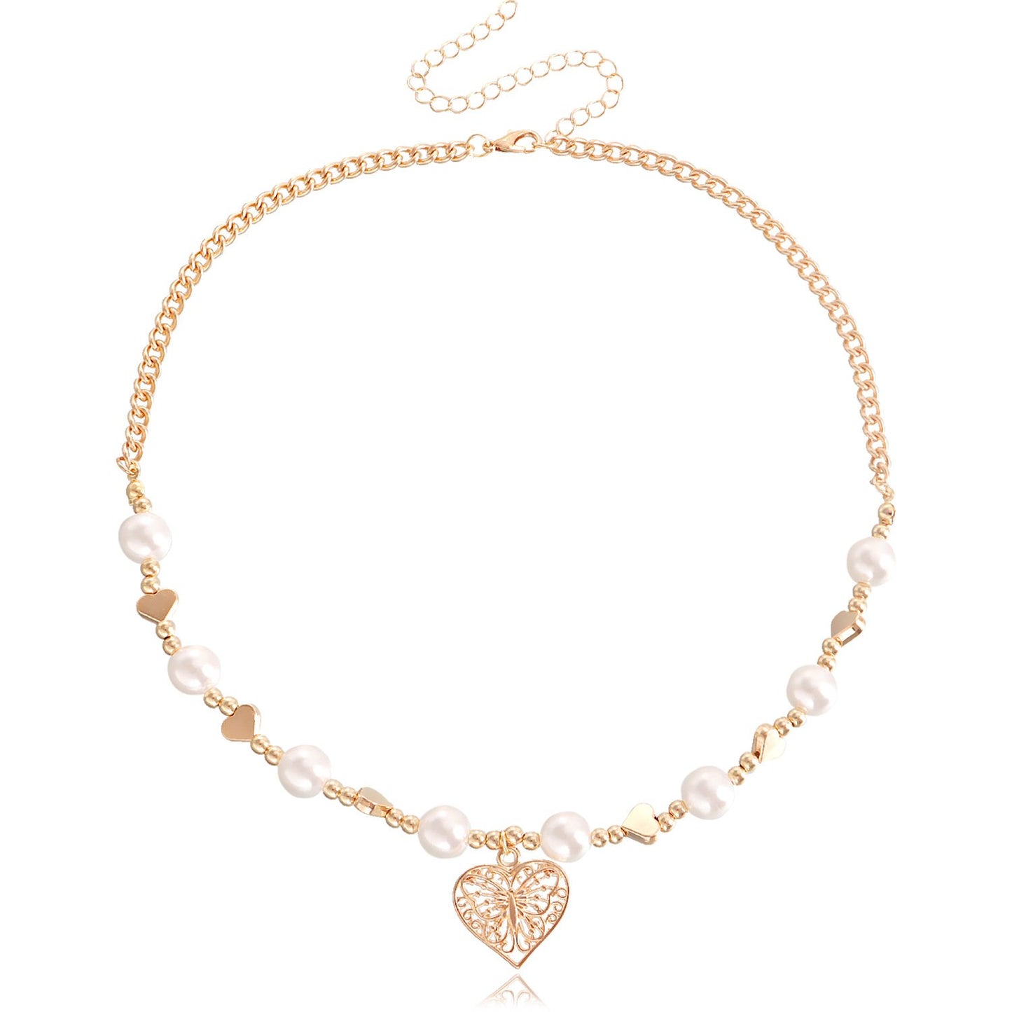 Retro Imitation Pearl Clavicle Chain Stitching Personality Hot Girl Necklace Simple Geometric Love Trend Metal Necklace