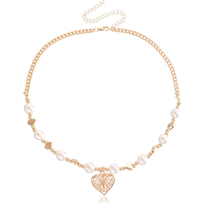 Retro Imitation Pearl Clavicle Chain Stitching Personality Hot Girl Necklace Simple Geometric Love Trend Metal Necklace