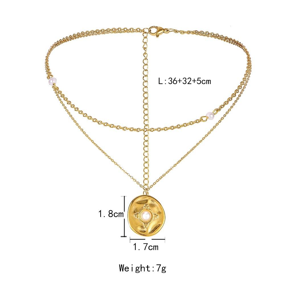 Double layer stainless steel retro coin pearl pendant necklace titanium steel sexy temperament elegant clavicle chain female