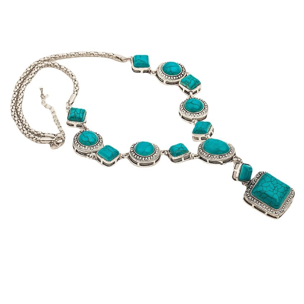 Jewelry Turquoise Necklace Retro Rhombus Round Geometric Shape Alloy Necklace