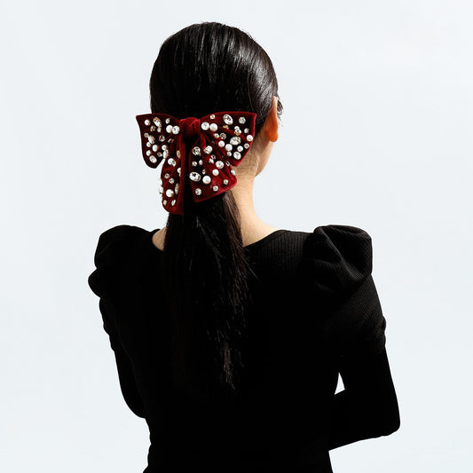 F278 Corduroy Fabric Art Diamond Pearl Personality Hair Clip French Light Luxury Ladies Bow Knot Retro Spring Clip