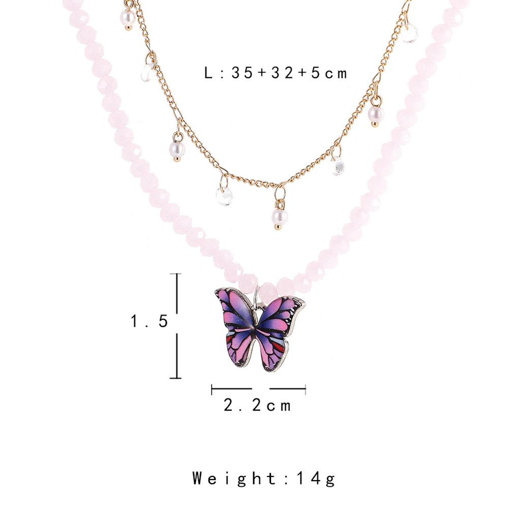 ins simple small round bead clavicle necklace fashion crystal bead glaze butterfly pendant double stacked necklace
