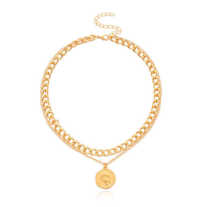 Jewelry Round Geometric Queen Head Pendant Necklace Female Fashion Simple Temperament Double Layer Necklace