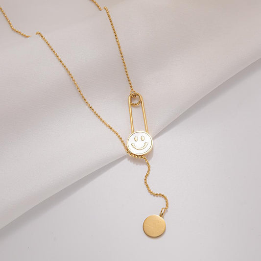 18K Gold Smiley Smile Pendant Simple Expression Clavicle Chain Female Tassel Necklace Gift Girlfriend