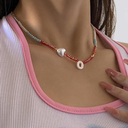Simple peach heart imitation pearl letter necklace choker color crystal beaded clavicle necklace