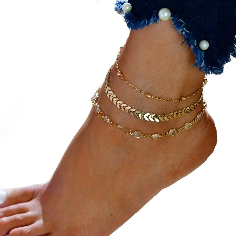 Summer beach multi-layer zircon leaves eight-character pearl anklet sun moon star pattern jewelry