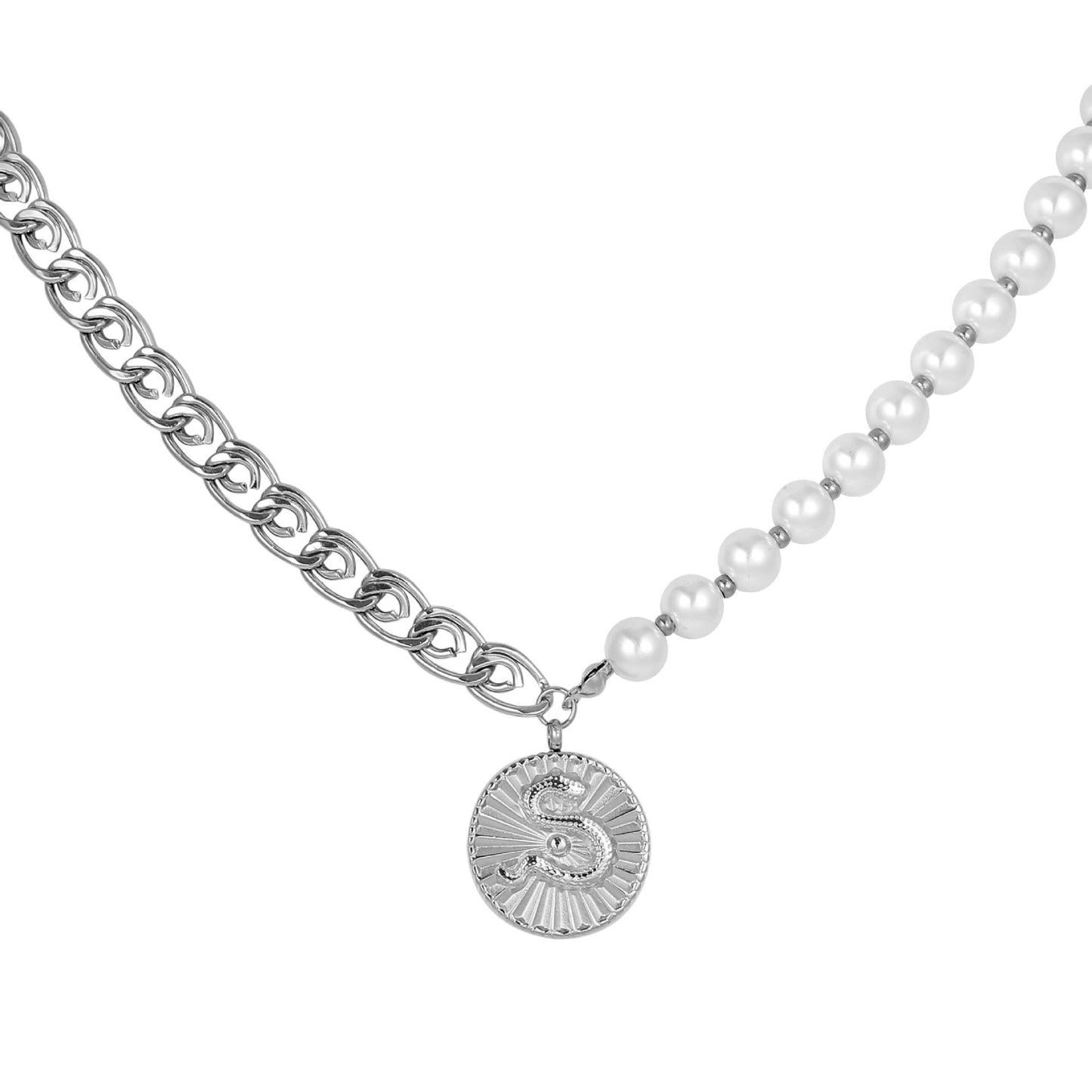 Punk Hip-hop Men's Stainless Steel Stitching Pearl Necklace Coin Snake Pendant Versatile Fashion Necklace