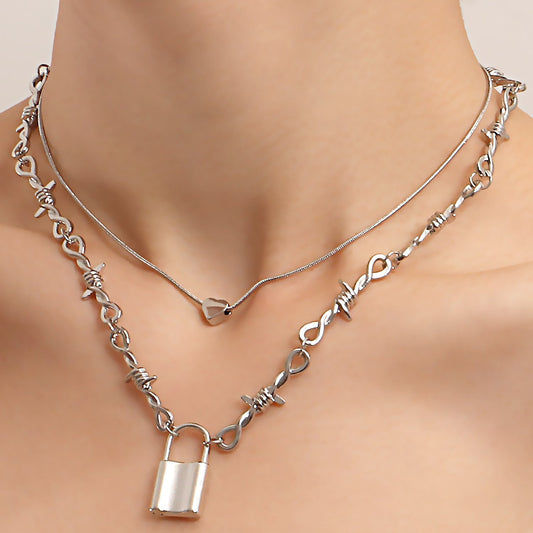 Jewelry punk love padlock pendant necklace female ins double snake bone chain niche design sense