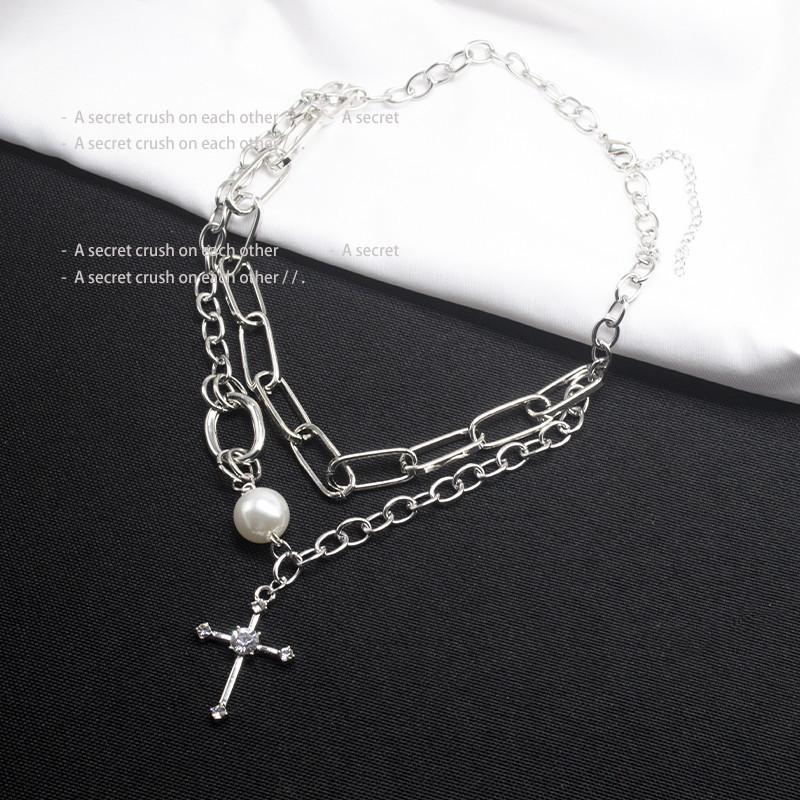 Cross double layered necklace female ins hip hop indifferent neck chain year temperament clavicle chain