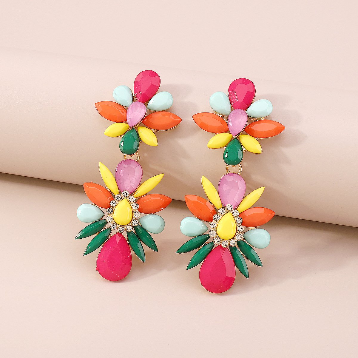 E19 Exaggerated color micro-inlaid rhinestone earrings retro elegant personality plate ethnic earrings female