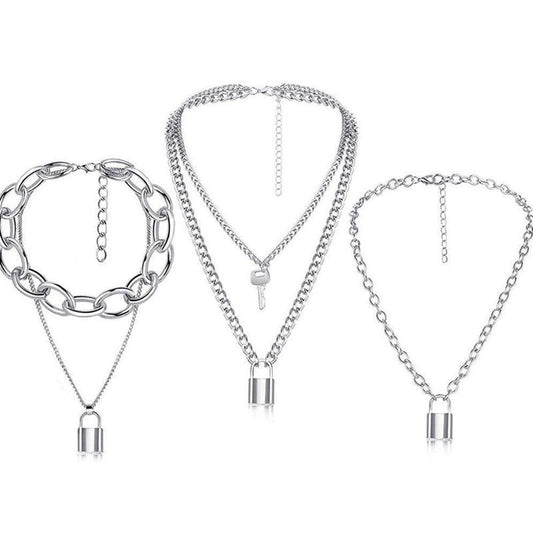 Cross-section personality retro multi-piece chain necklace simple lock sweater chain necklace female