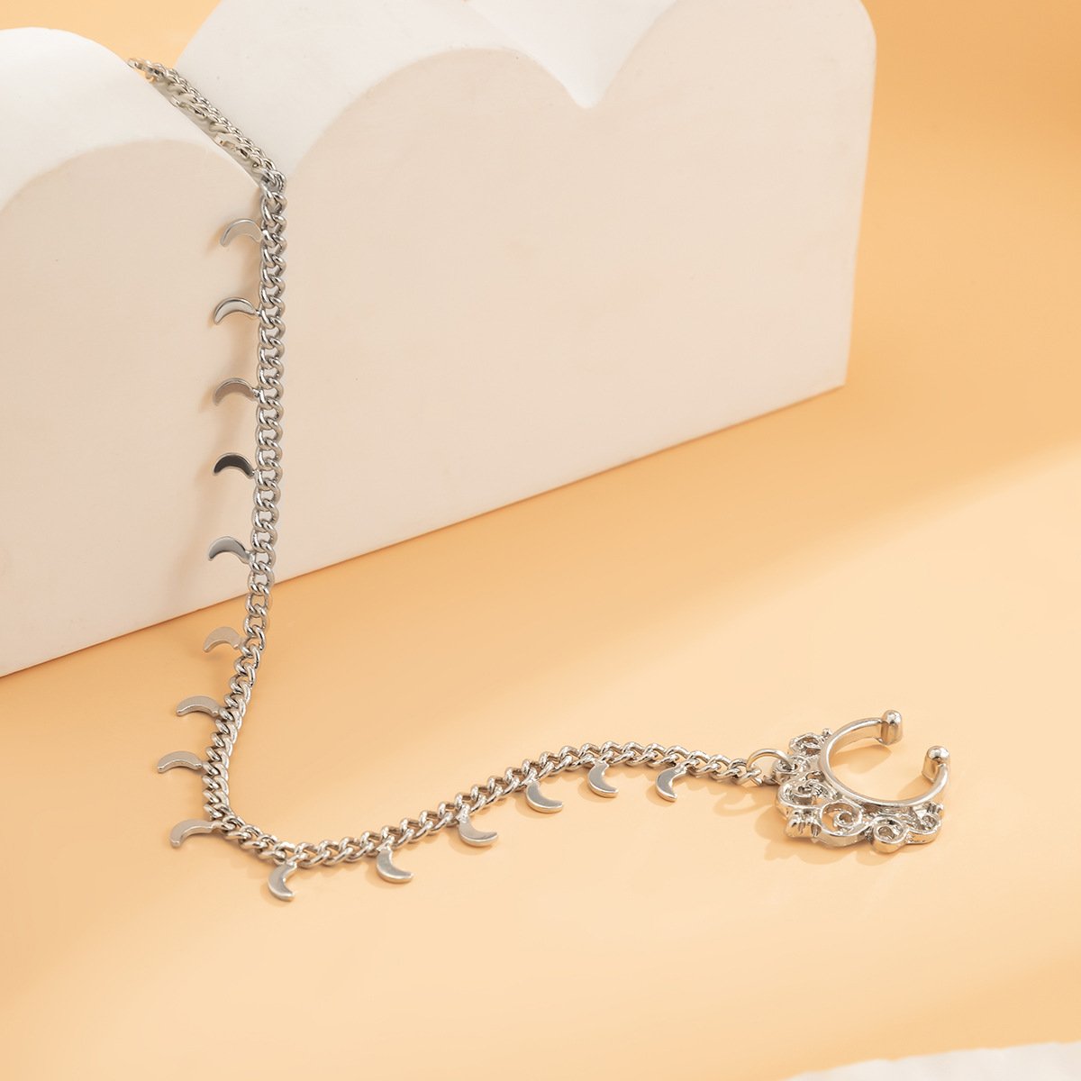 Jewelry creative ethnic metal earrings simple moon tassel chain earrings nose clip integrated chain