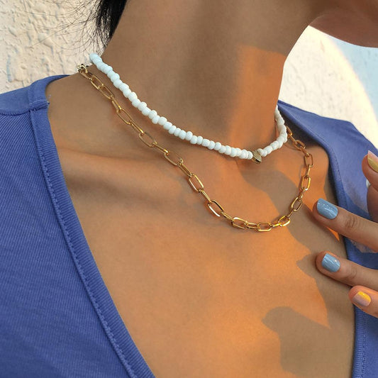 N9226 Personalized Stacking Mashup Necklace Rice Beads Simple Love Necklace Double-layer Trendy Age-Reducing Necklace Female
