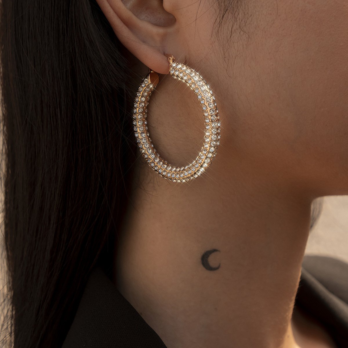 Jewelry fashion light luxury C-shaped full-diamond set earrings temperament all-match inlaid colored diamond geometric earrings
