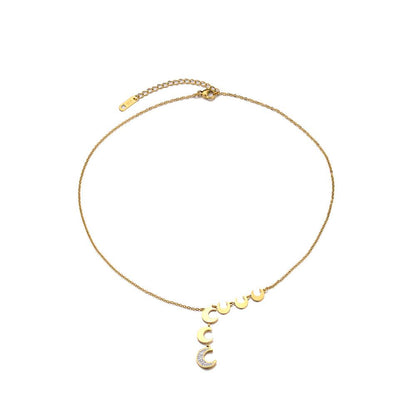 Minority diamond-encrusted moon tassel pendant all-match fashion titanium steel gold-plated crescent moon necklace for women