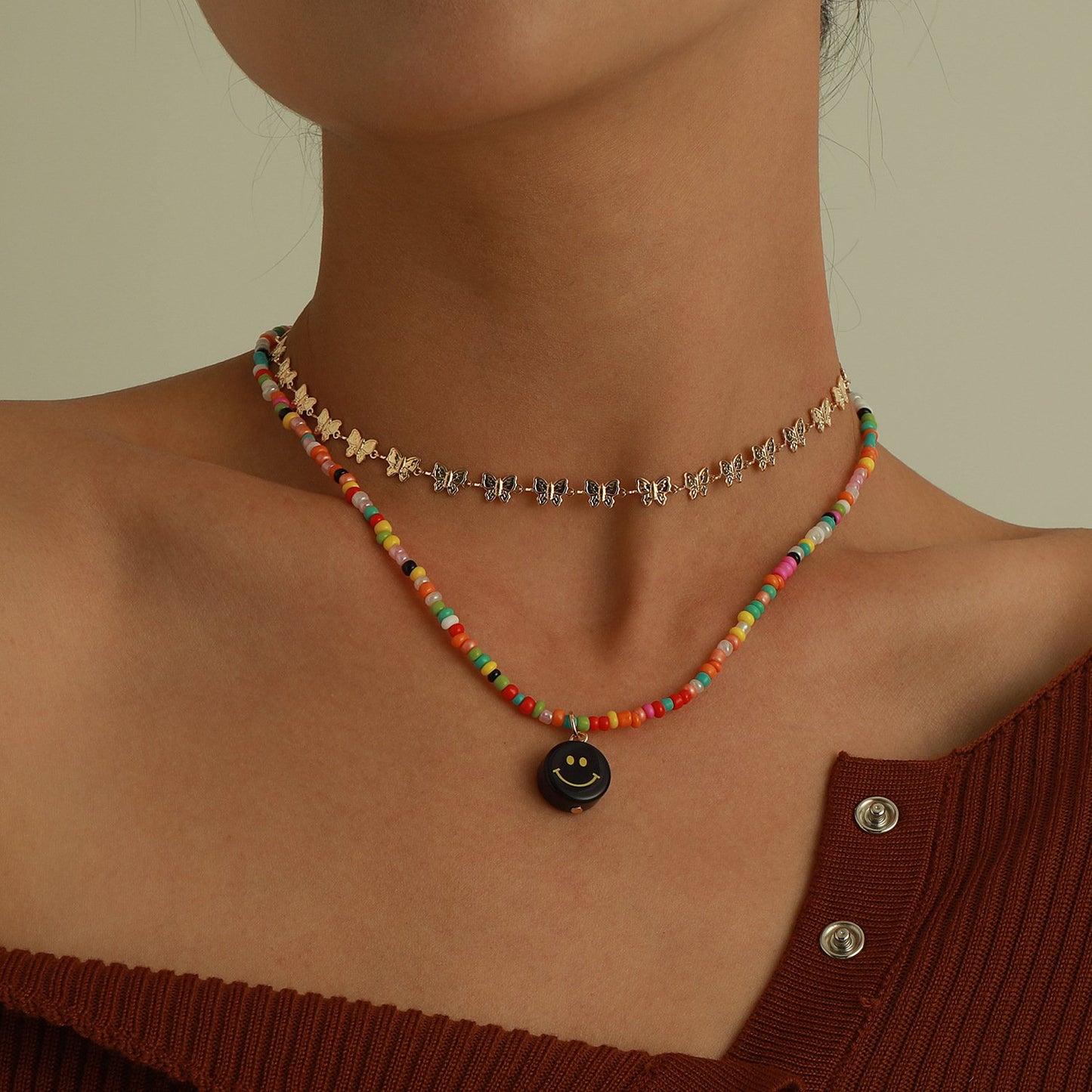 Jewelry Fashion Acrylic Smiley Face Pendant Necklace Colorful Beads Alloy Butterfly Chain Necklace