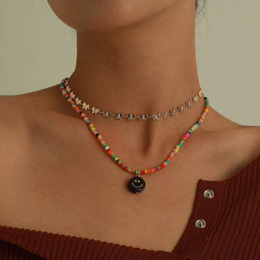 Jewelry Fashion Acrylic Smiley Face Pendant Necklace Colorful Beads Alloy Butterfly Chain Necklace