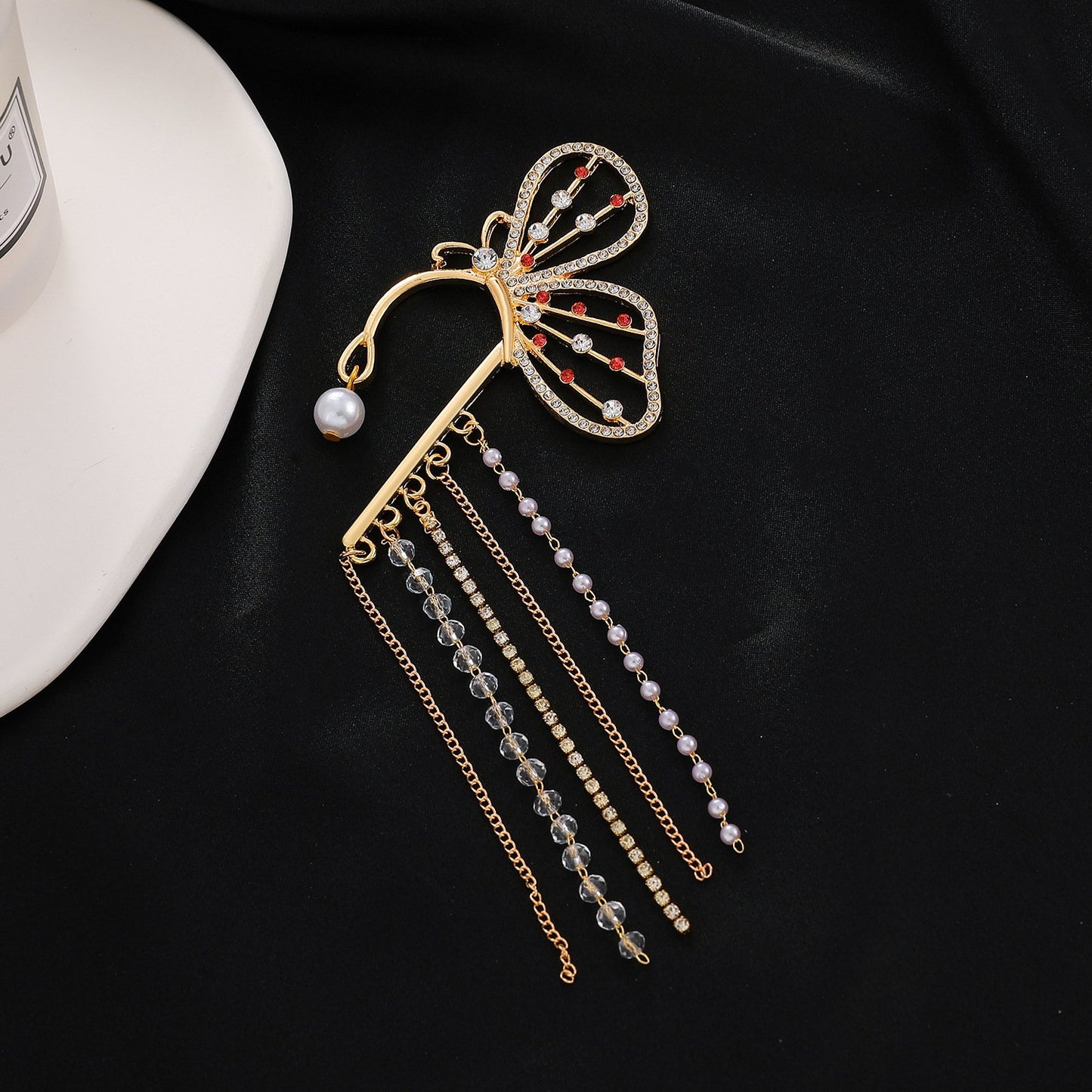 Super Fairy Crystal Tassel Butterfly Ear Bone Clip Female Frosty Mori Long Pearl No Ear Pierce Single Ear Clip