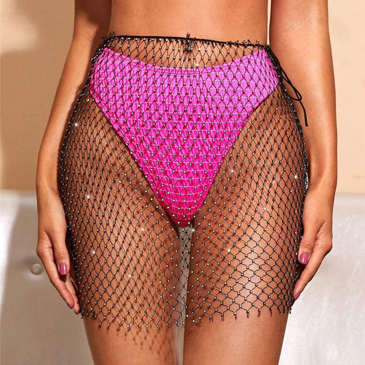 Fashion Sexy Fishnet Flashing Diamond Mesh See-Through Waist Chain Women's Night Trender Inlaid Rhinestone Skirt