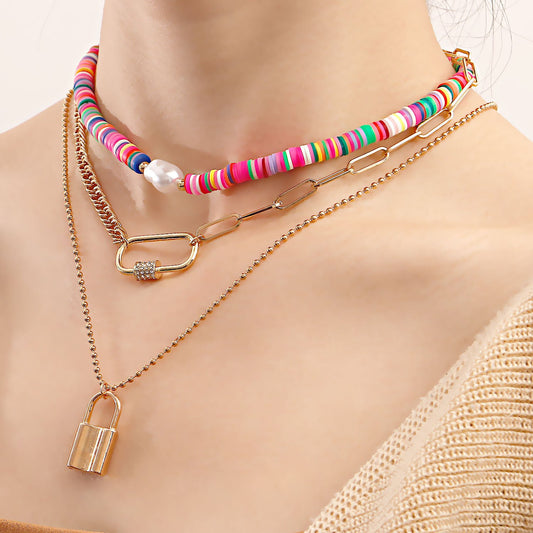 Accessories Bohemian color soft pottery padlock pendant necklace female ins trend geometric ball chain