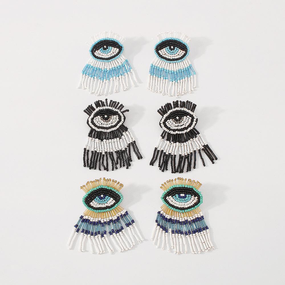 E1317 Bohemian Personality Tassel Earrings Exaggerated Devil's Eye Stud Earrings Beaded Contrasting Color Earrings