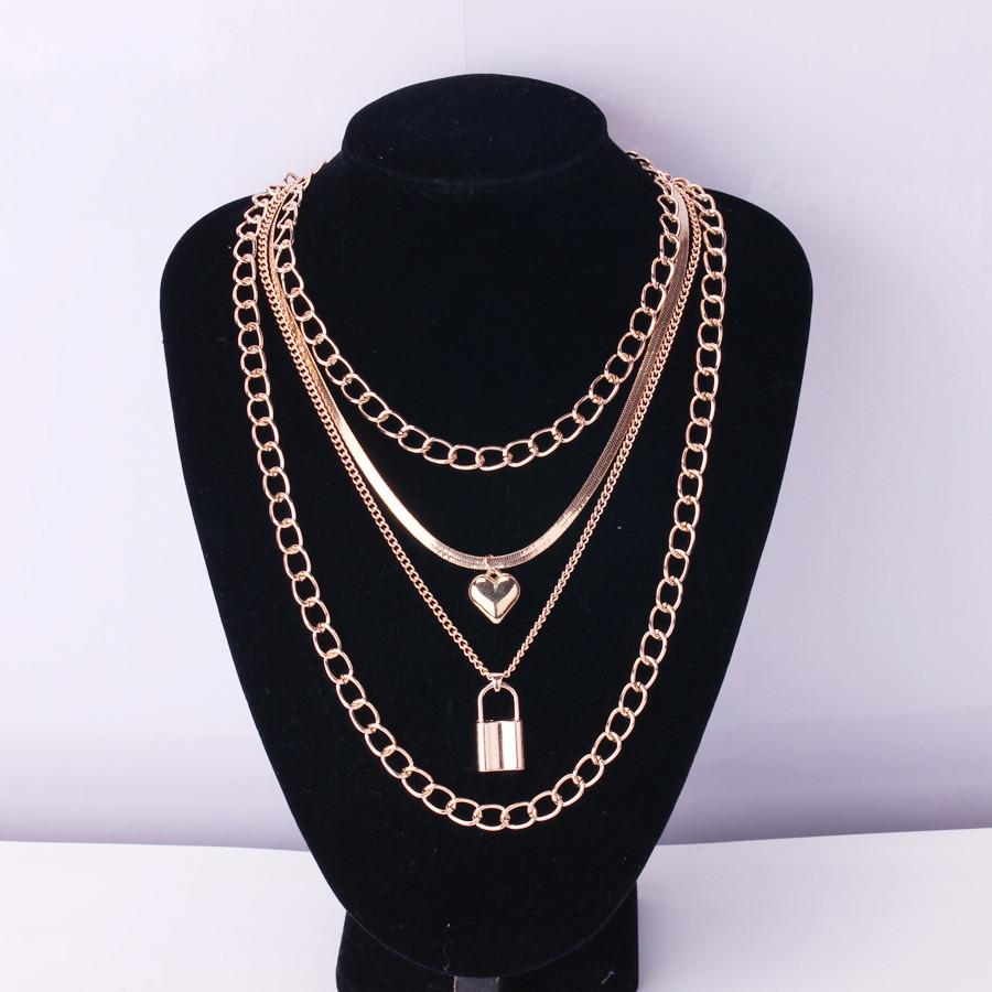 Jewelry geometric multi-layer love moon pendant necklace female retro hip-hop lock necklace
