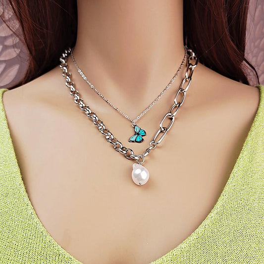 Jewelry Retro Colorful Butterfly Baroque Shaped Pearl Necklace Female Clavicle Chain Two-piece Set