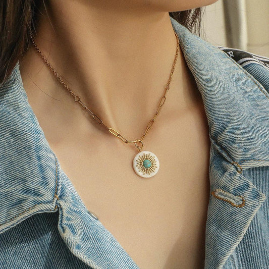 Fashion Jewelry Simple Stainless Steel Sun Turquoise Shell Pendant Necklace Fashion Titanium Steel Clavicle Chain