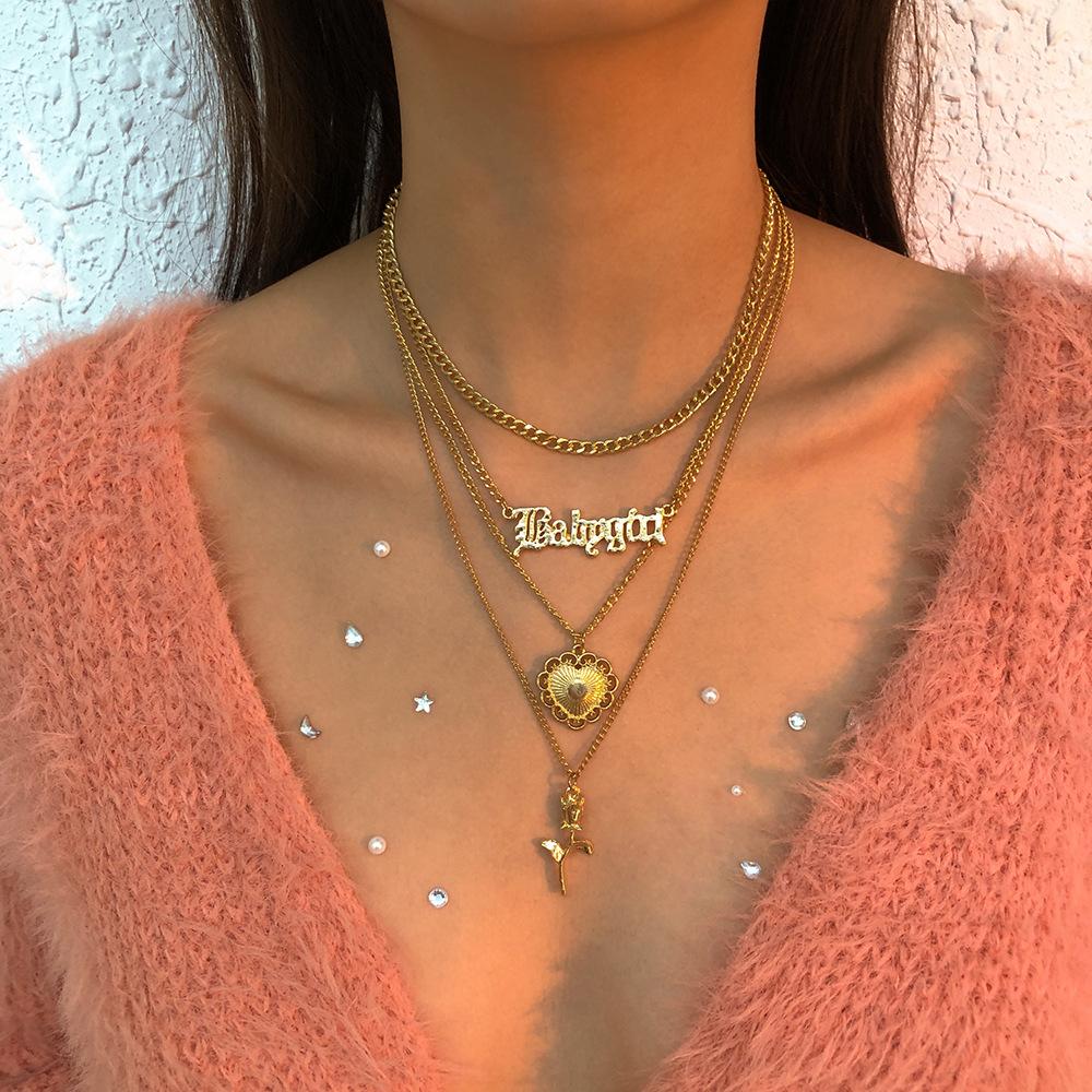 N9331 Retro Stacked Necklace Temperament Rose Alphabet Multilayer Necklace Personality Trend Alloy Necklace