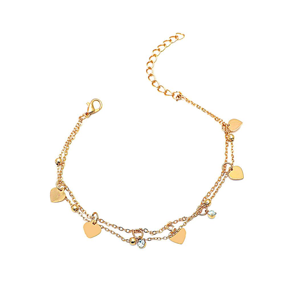 Double-layer love anklet retro alloy peach heart multi-layer beach chain net red cold foot jewelry female