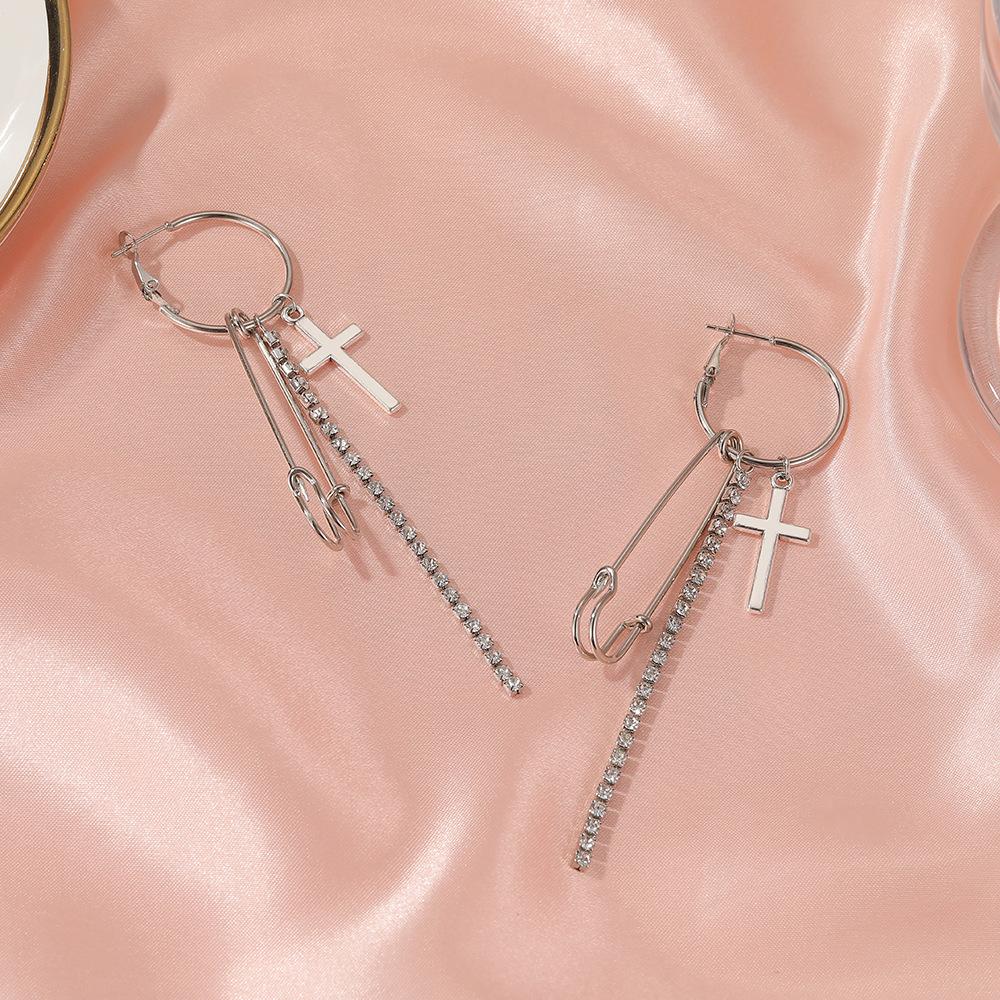 Internet celebrity with the same personality earrings hip-hop retro cross earrings punk rock long tassel pin earrings