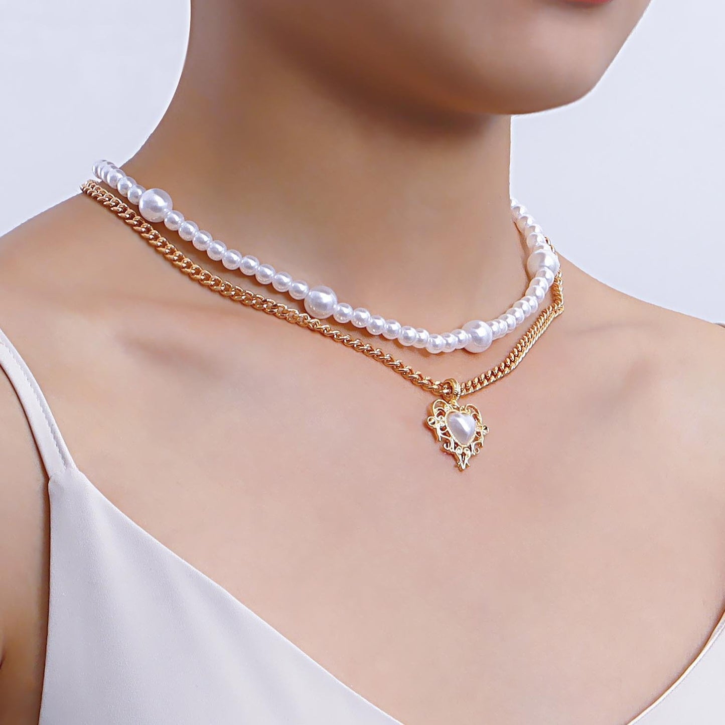 Jewelry trend double-layer imitation pearl love pendant necklace female hot girl all-match beaded necklace