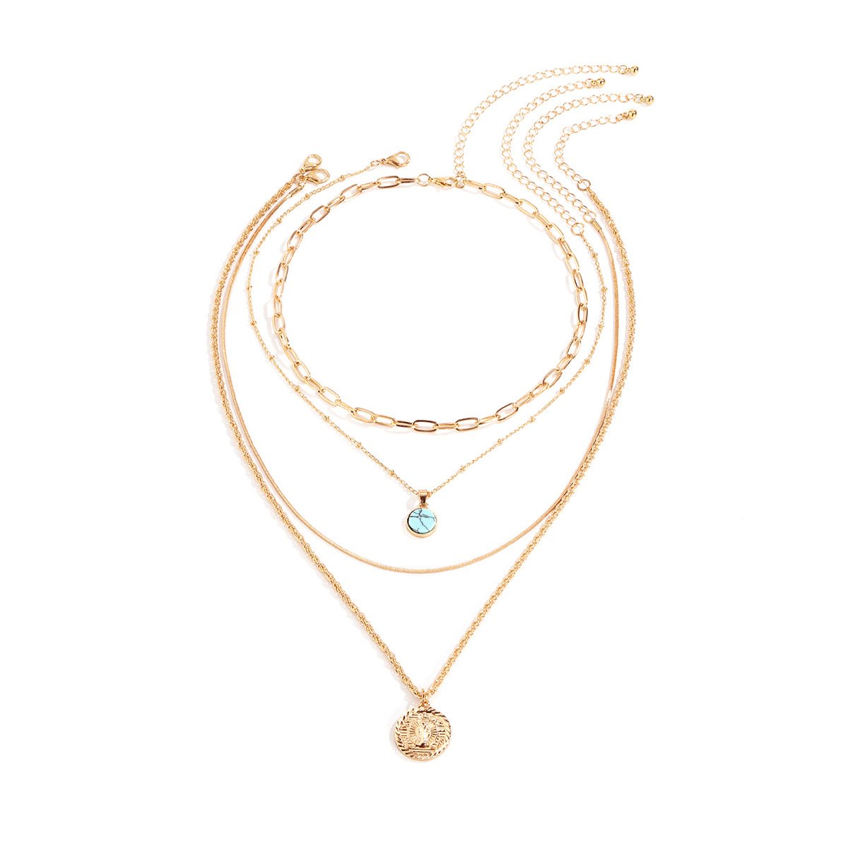 Jewelry Simple Geometric Portrait Set Necklace Female Retro Green Turquoise Round Pendant Necklace