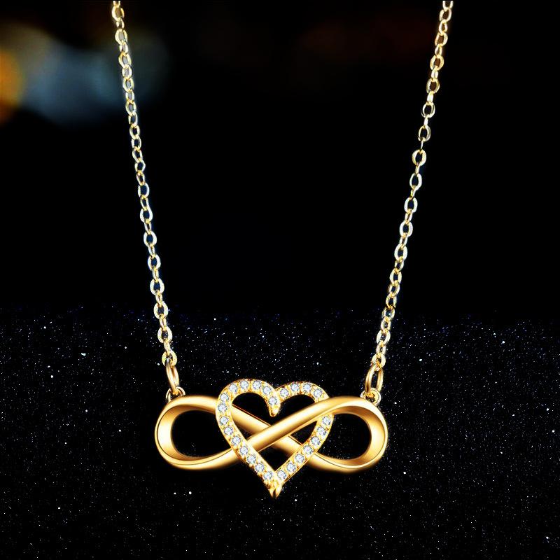Fashion Women Gold Heart Shape Lucky 8 Diamond Love Love Pendant Necklace Jewelry