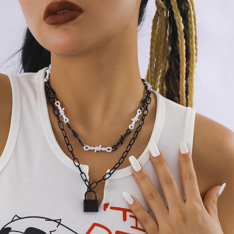 Jewelry Punk Lock Cross Chain Necklace Sweet Cool Stitching Contrasting Color Thorn Double Layer Necklace Female