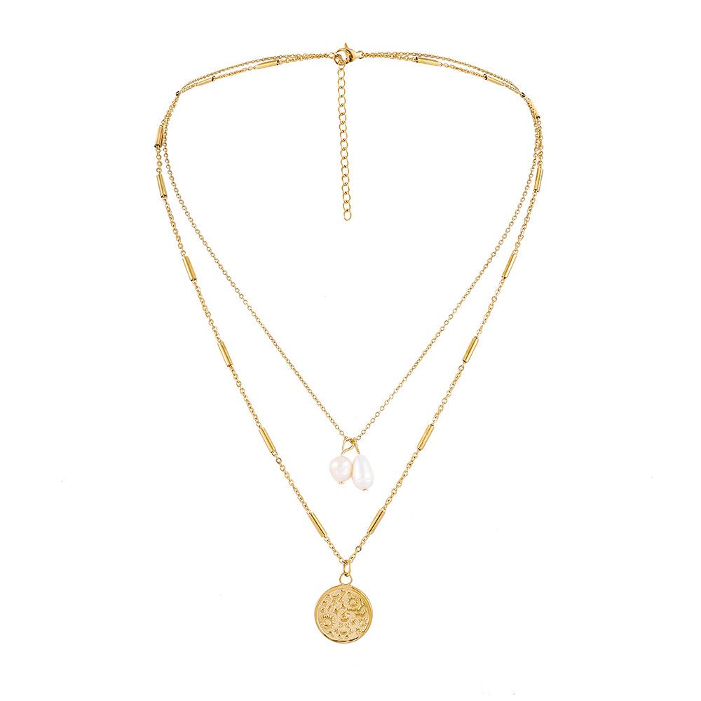 Personalized fashion stainless steel double stacked stitching golden freshwater pearl coin necklace collarbone chain